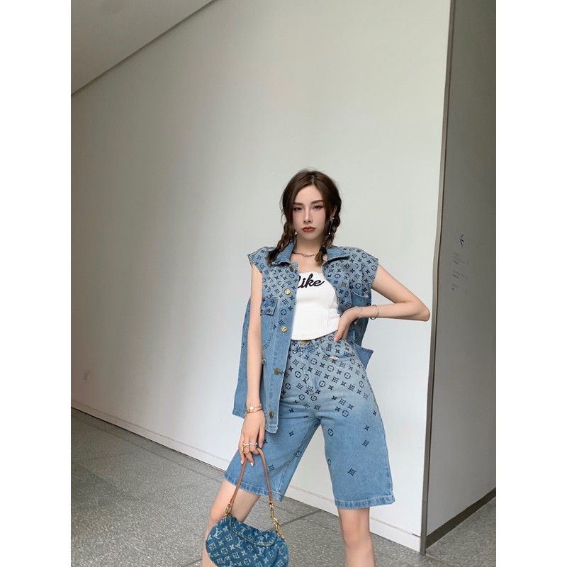 bộ hè nữ Áo vest denim in hình + quần cạp cao louis vuitton LV