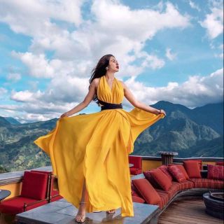 [Sẵn⛱️] Váy maxi vàng xẻ tà cột nơ đi biển, du lịch - maxi dress