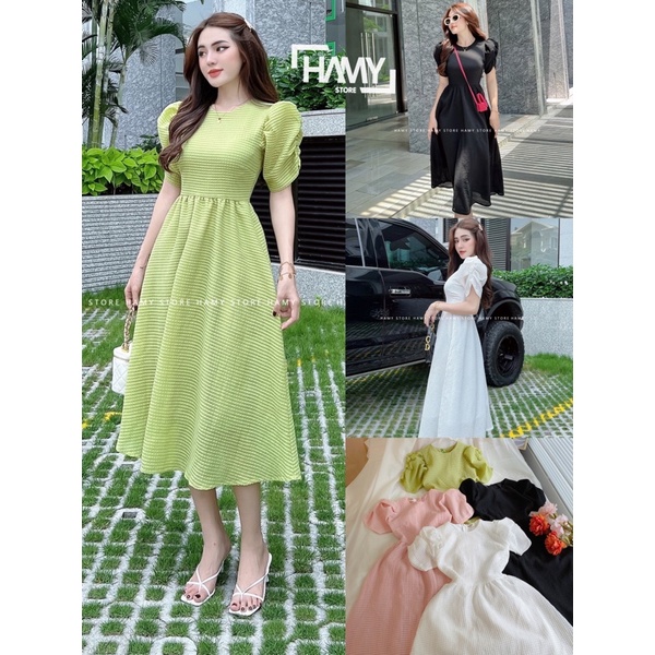 Đầm Vải Xốp Caro Nhún Tay