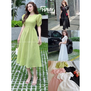 Đầm vải xốp caro nhún tay