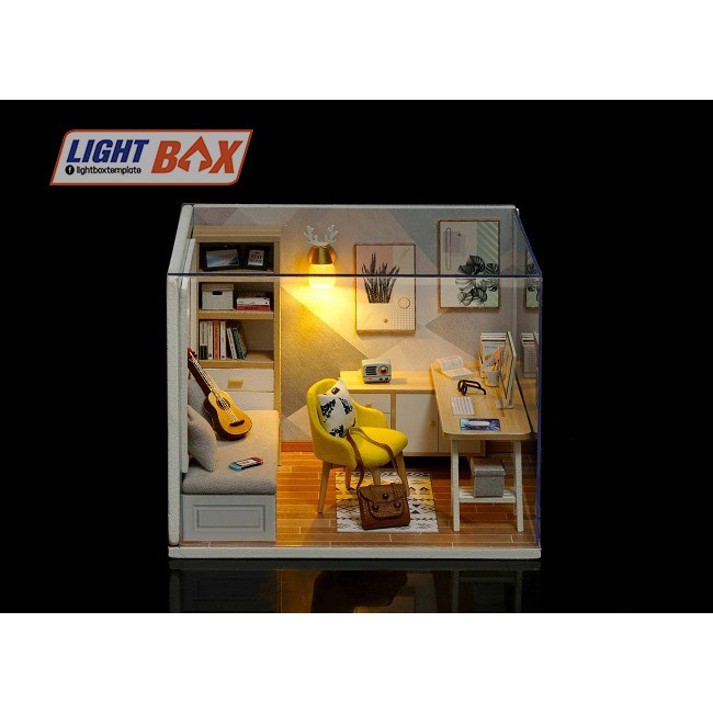 Nhà búp bê Tự làm bằng gỗ [Nhà STUDY ROOM có nội thất &amp; đèn led ] Tặng khung MICA + dụng cụ keo tỉ lệ 1:12 liên hệ shop