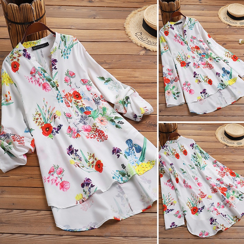 Áo sơ mi ZANZEA tay dài cổ chữ V dáng rộng in hoa vạt thấp và cao thời trang cổ điển cho nữ