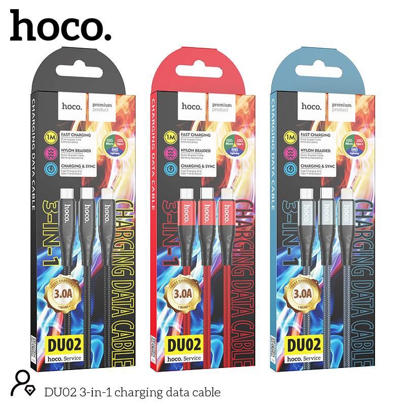 Cáp Sạc Nhanh 3 Đầu Hoco 3in1 DU02/Type C/Micro/IP Hỗ Trợ sạc nhanh 3.0A Vải Dù Chống Rồi Đầu Chống Gập