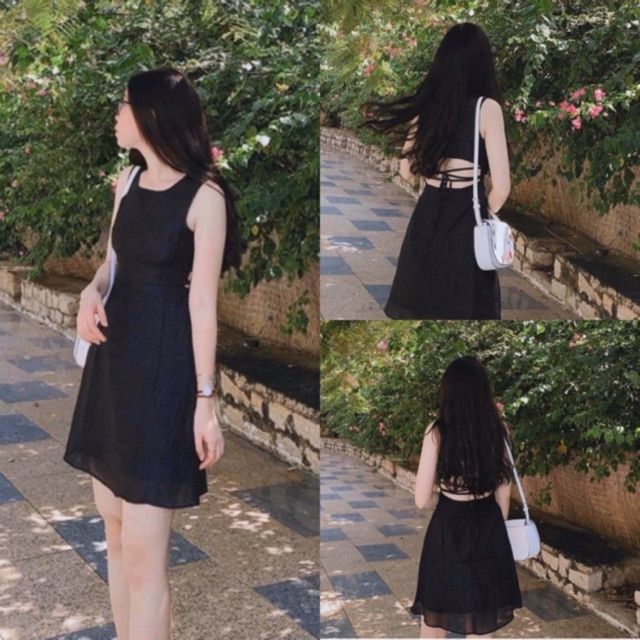 Đầm Đen Tuti Dress - váy thiết kế cột nơ dây sau lưng , from chuẩn basic chất liệu voan ánh kimq
