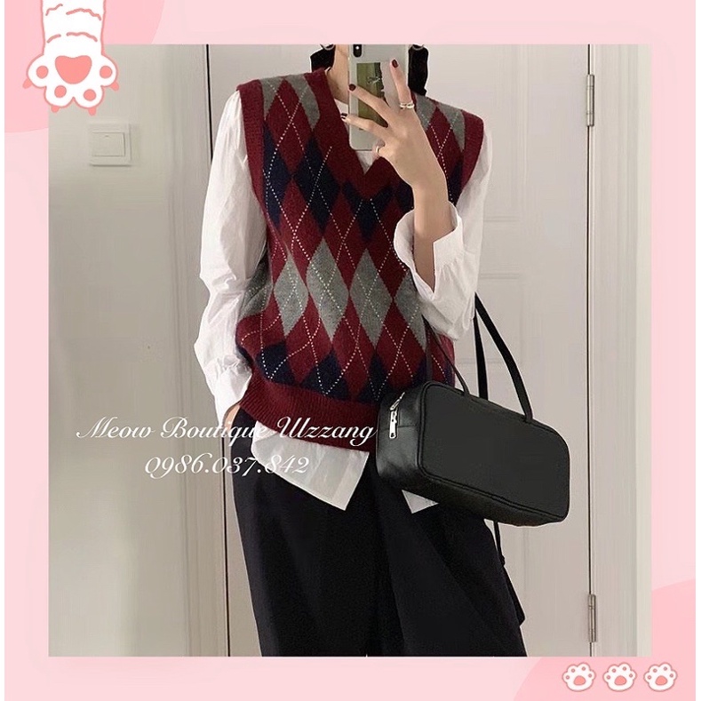 Áo gile kẻ ô trám tone đỏ đô phối màu siêu xinh trendy dễ phối đồ phing cách ulzzang HQ kèm ảnh thật