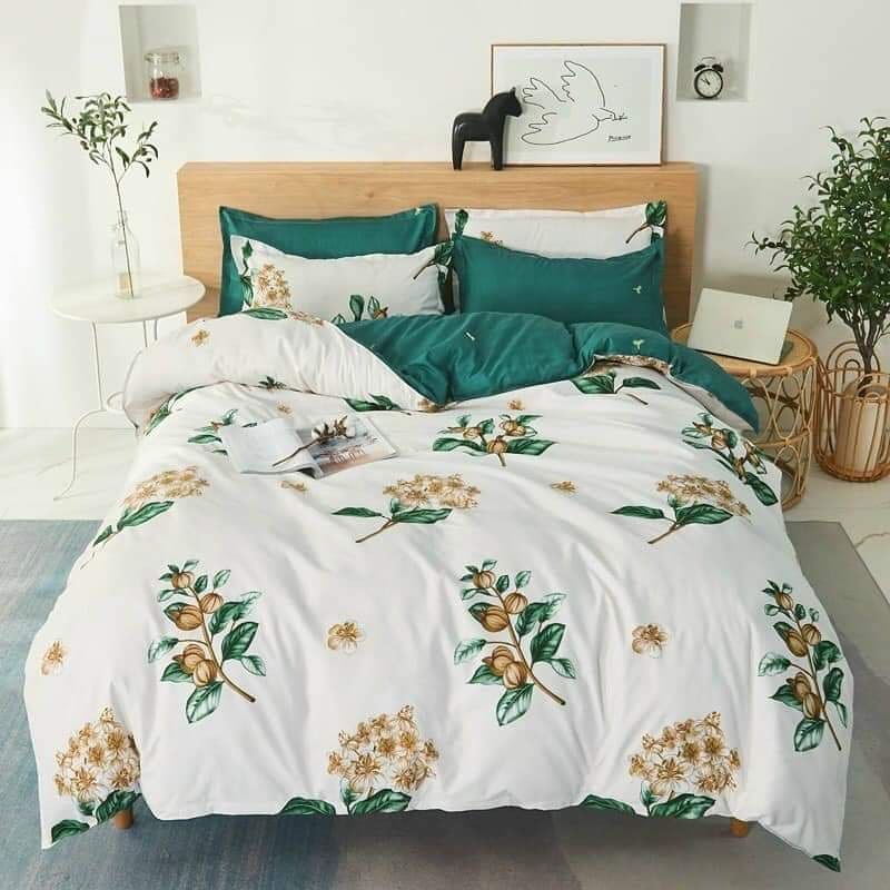 Trọn Bộ Drap giường Chần Bông Cotton Họa Tiết Cành Hoa Trắng Xanh Phối ((m2x2m - m8x2m))