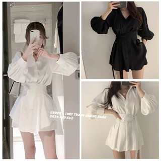 Set váy 3 món váy sơ mi tay bồng + quần đùi kèm đai kèm video thật