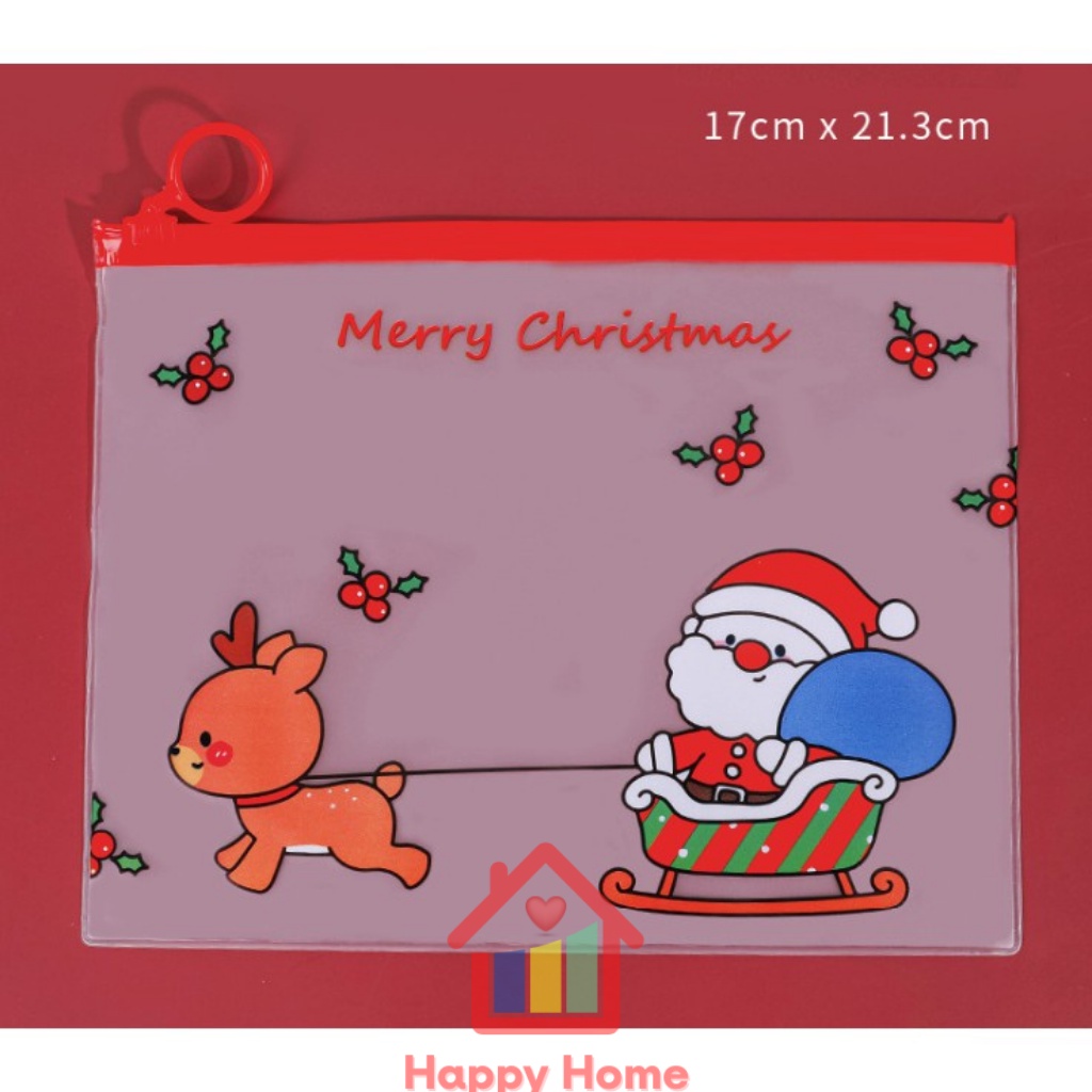 Túi zip họa tiết noel, cây giáng sinh trong suốt đựng bút, tẩy, đồ dùng học tập đa năng Happy Home