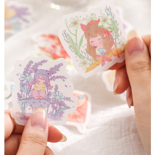 SILENT TENDERNESS_Set 40 sticker thiết kế chủ đề hoa oải hương, hoa tulip, thủy tiên, nấm đỏ