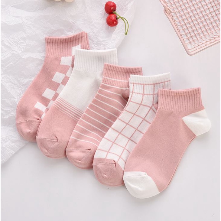 Set 10 Đôi Tất Vớ Nữ Ngắn Cổ Kẻ Hồng SS2 Siêu HOT