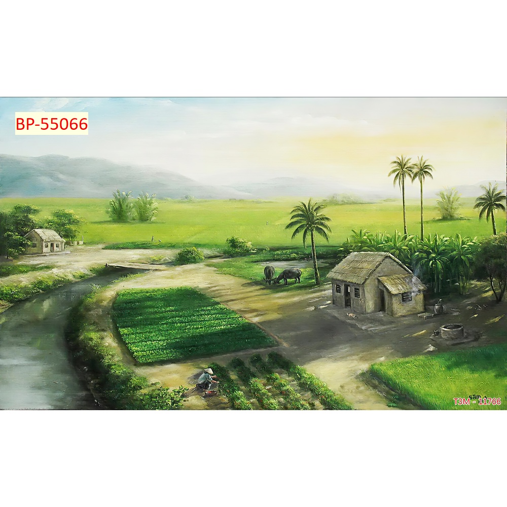 Tranh Dán Tường 3D Đồng Quê Cầu Tre Xuối Nước Xanh Biếc Tặng keo và dụng cụ dán tự thi công đơn giản