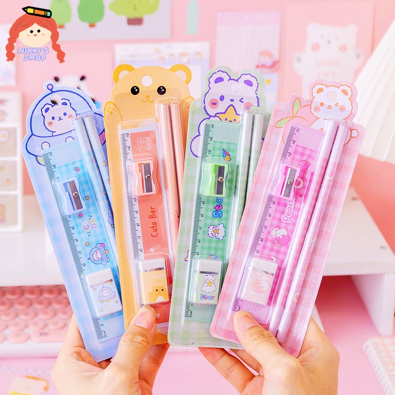 Bộ Bút Chì + Đồ Gọt Bút Chì + Thước Kẻ + Cục Tẩy Họa Tiết Hoạt Hình Dễ Thương