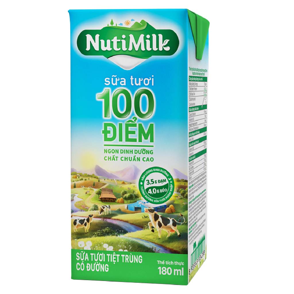Sữa Tươi Tiệt Trùng 100 Điểm Có Đường Nutimilk 180ml