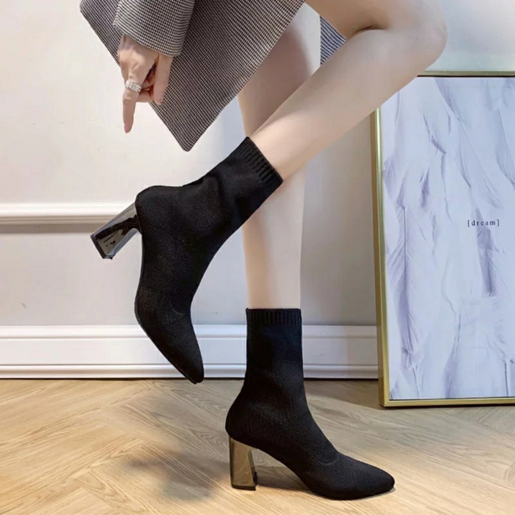 Boot Len Nữ Cao Cổ Lửng Gót Trụ Bạc Tráng Gương Cao 7 phân Hàng Quảng Châu (Bốt Len Mịn Ôm Chân)