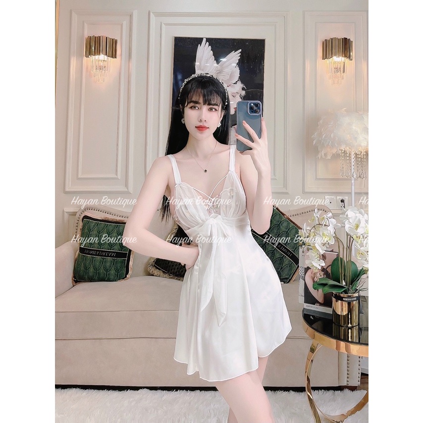 HT79 Váy ngủ sexy phối ren nơ ngực dáng xoè, đồ ngủ lụa mặc nhà hở lưng gợi cảm HT79