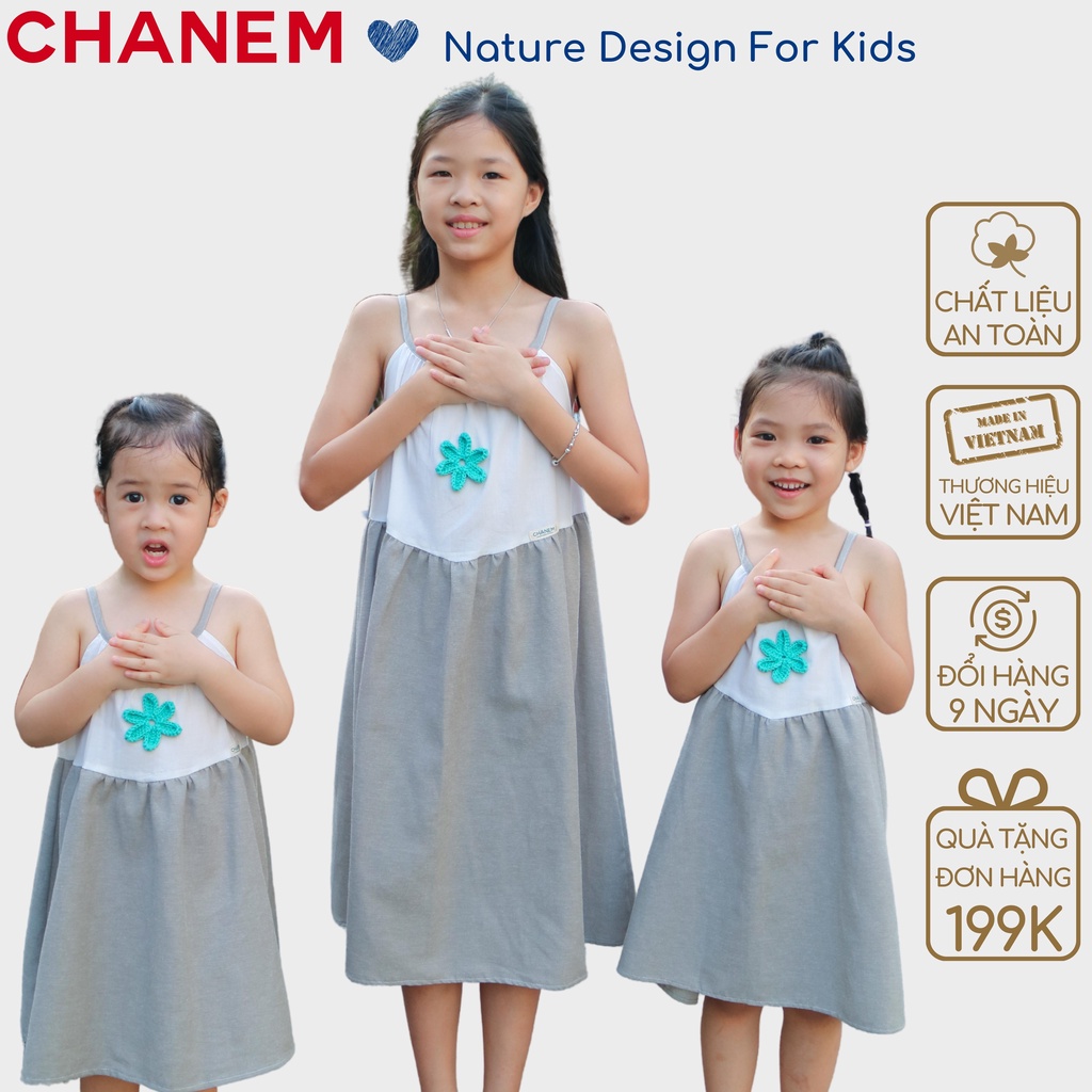 Váy hai dây cho bé gái CHANEM chất liệu cotton mềm mát cổ yếm eo nhún chéo phối hoa móc thủ công