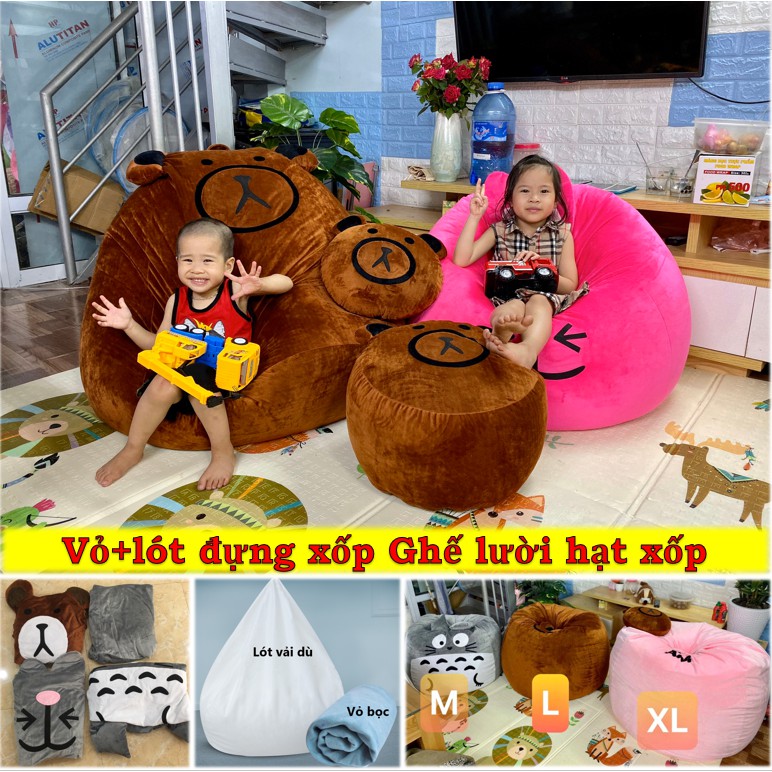 Vỏ+ lót bọc ghế lười hạt xốp, Hình thú/ vải Nhung lạnh Hàn siêu mềm, bền, êm / dùng cho ghế lười dáng lê (không xốp)