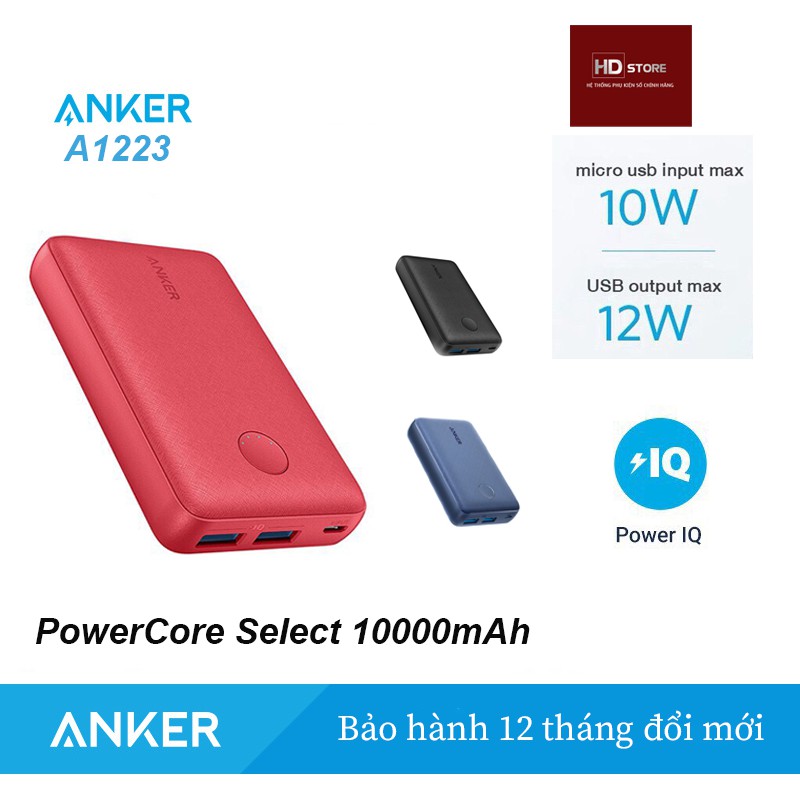 Pin dự phòng ANKER PowerCore 10000mAh Select 2 Cổng Usb IQ - A1223 Chính hãng Anker Việt Nam BH 18 Tháng