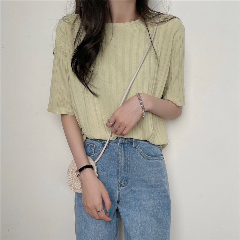 Áo thun nữ Ngắn tay Sang trọng Cổ tròn Form rộng Len mỏng Ulzzang Phong cách Hàn Quốc Áo Phông thun nữ Tay ngắn | BigBuy360 - bigbuy360.vn