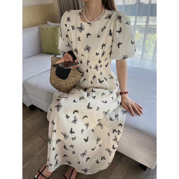 ĐẦM MIDI HOẠ TIẾT TAY BỒNG BO EO