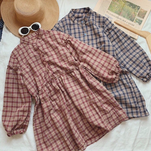 Đầm babydoll caro nữ tay phồng dài quảng châu ulzzang | BigBuy360 - bigbuy360.vn