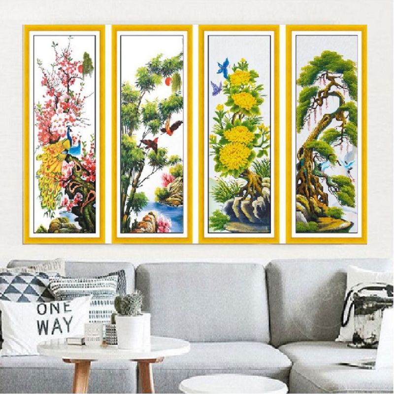 Tranh thêu kín chữ thập Tứ quý Tùng Cúc Trúc Mai MN0122