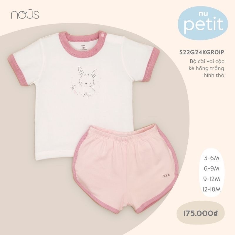 Nous Bộ cài vai cộc trắng hình thỏ chất liệu petit cho bé