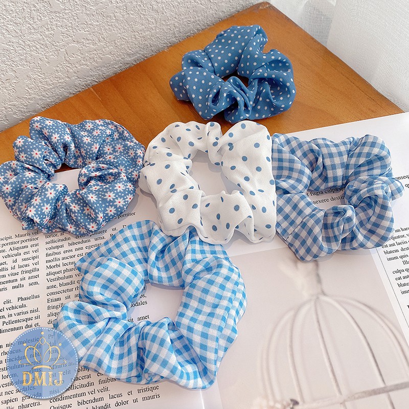 Cột T&oacute;c Vải Scrunchies Họa Tiết Xanh Thi&ecirc;n Thanh, D&acirc;y Buộc T&oacute;c Scrunchies Mới