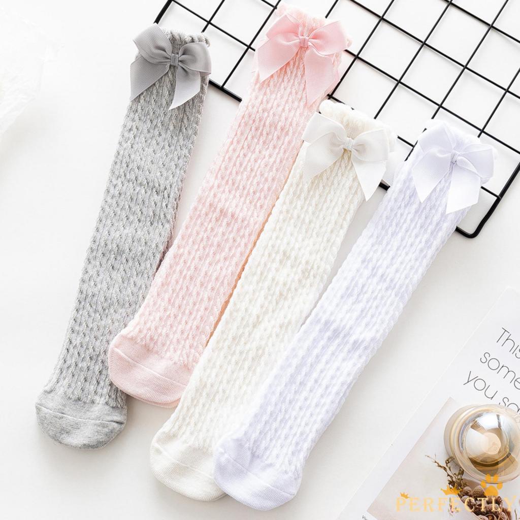 Vớ Cotton Dài Đính Nơ Màu Trơn Thời Trang Xuân Hè Màu Hồng/Xám/Trắng/Be Cho Bé PFT