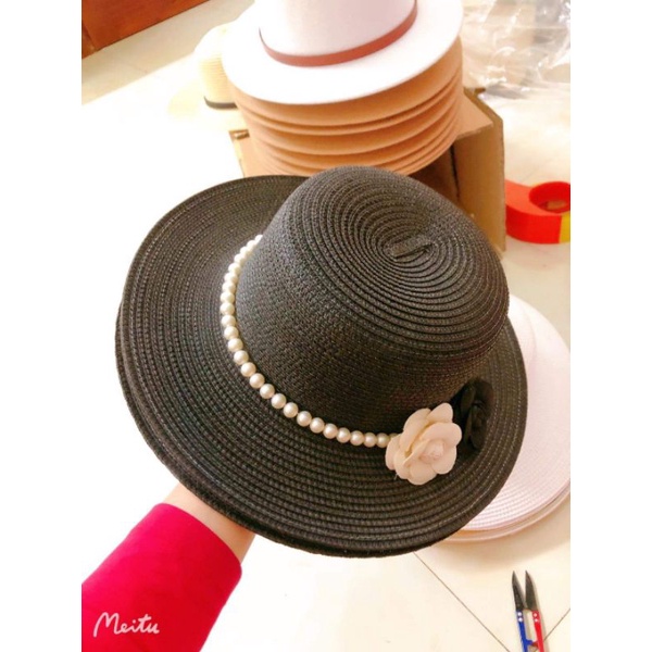 Mũ cói đi biển vành nhỏ đai ngọc 2 hoa trà siêu đẹp