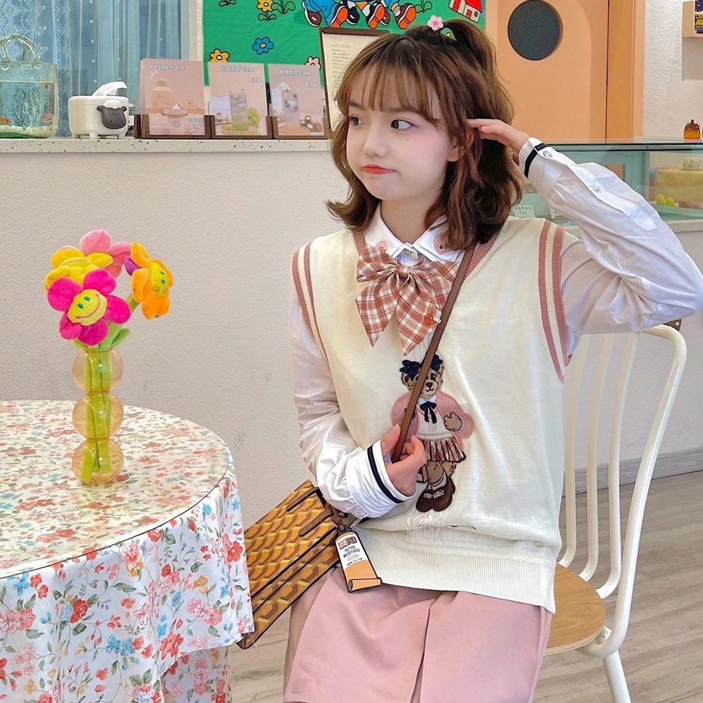 Áo khoác mùa thu của người Nhật mặc vest nữ áo len nơ áo hồng áo cộng với váy áo hồng váy áo ba[Hàng trong vòng một ngày]
