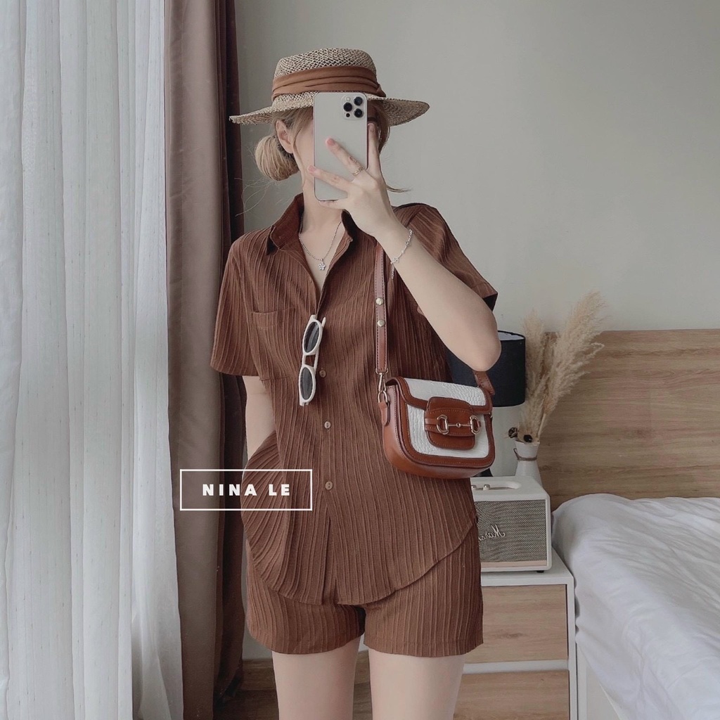 Set Quần Áo Nữ, Bộ Đi Chơi Đi Biển Sang Chảnh Áo Sơ Mi Cách Điệu Phối Quần Đùi Màu Xanh Bơ, Trắng, Nâu,đen Xm Minh Phúc