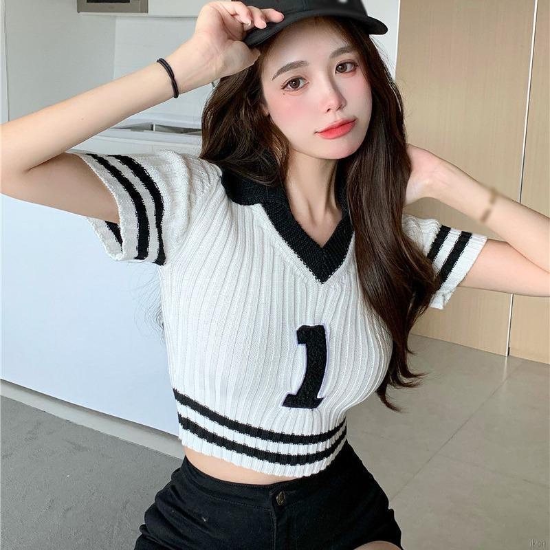 Áo croptop dệt kim tay ngắn cổ chữ V dáng ôm thời trang cho nữ