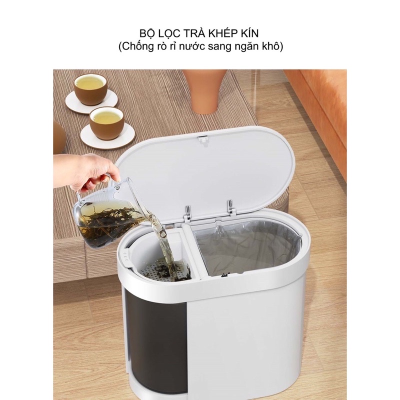 Thùng rác đa năng để phòng khách có 2 ngăn chia rác khô và nước, khay lọc bã trà tiện lợi