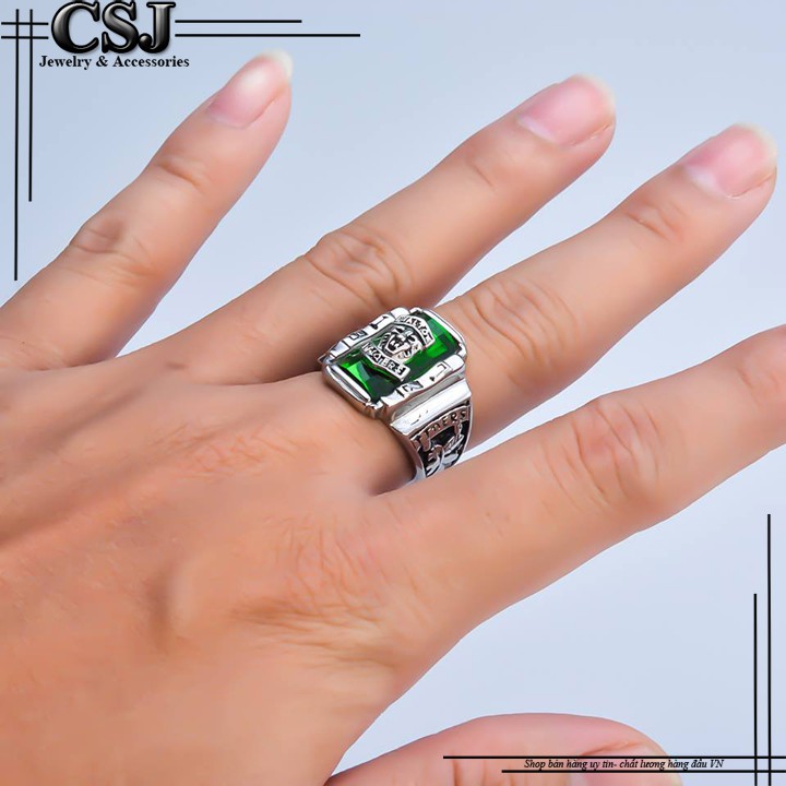 NHẪN NAM INOX SƯ TỬ 1973 ĐÁ XANH LÁ ĐẸP - tặng hộp đựng xinh xắn