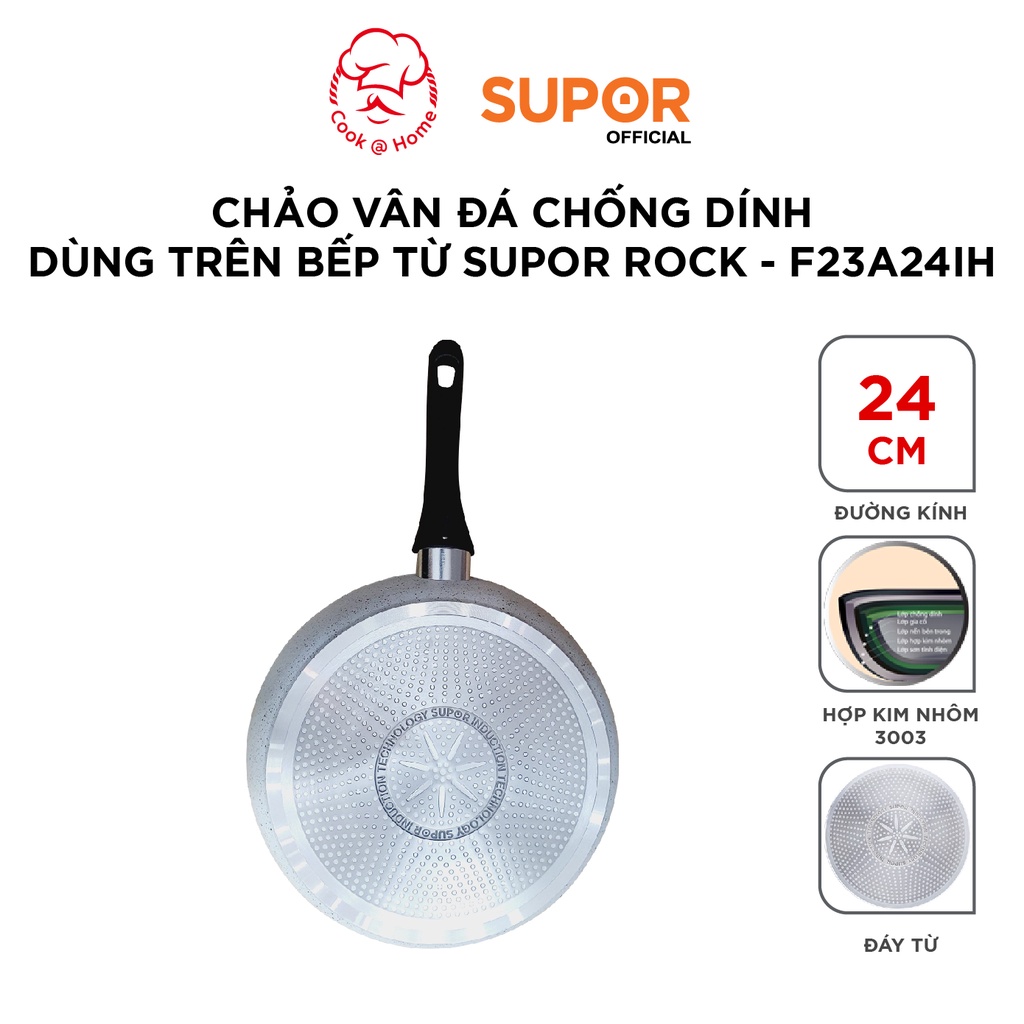 Chảo vân đá chống dính dùng trên bếp từ Supor Rock size 24, 26, 28cm -F23A24IH/F23A26IH/F23A28IH