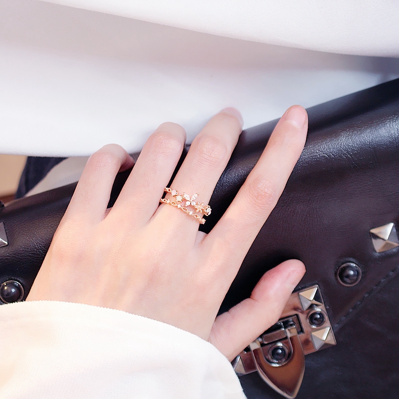Nhẫn hở hai lớp màu vàng hồng hình bông hoa đính đá zircon thời trang cá tính cho nữ