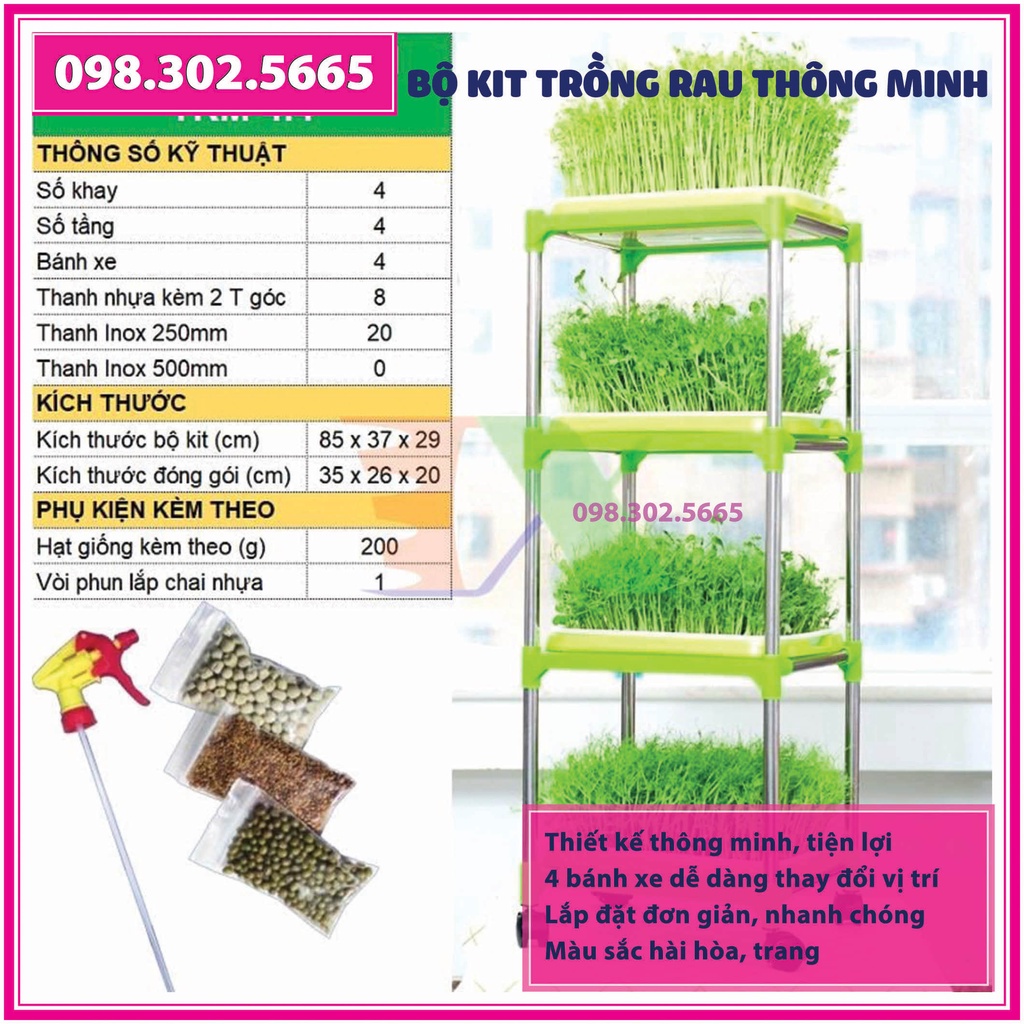 Bộ Kit trồng rau mầm 4 khay, 4 tầng bao gồm: Giá đỡ có 4 bánh + 4 Khay trồng +200g Hạt giống + Vòi