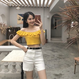ÁO CROPTOP TRỄ VAI CÓ VIỀN BÈO ÁO CROPTOP LEN TĂM ĐEN/XANH/VÀNG - ÁO CROPTOP ÔM BODY BÁNH BÈO TÍM HOT