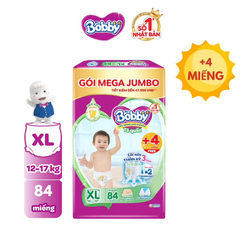 [TẶNG THÊM 4 MIẾNG] Tã/bỉm quần Bobby 3mm Mega Jumbo Gạo non Giảm nhiệt M112/L96/XL84/XXL76