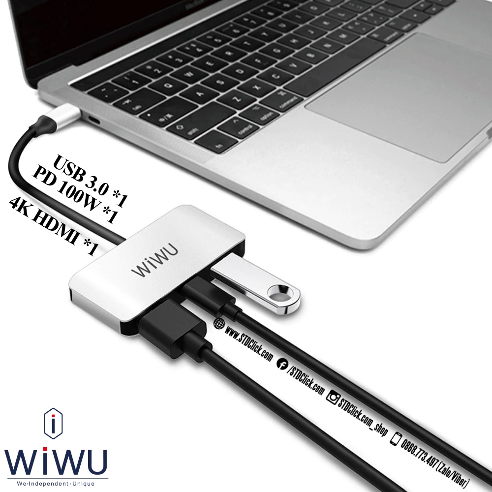 HUB CHUYỂN TYPE C WIWU Alpha C2H CHÍNH HÃNG 3 IN 1 TYPE C TO USB 3.0 + TYPE C PD 100W + HDMI 4K