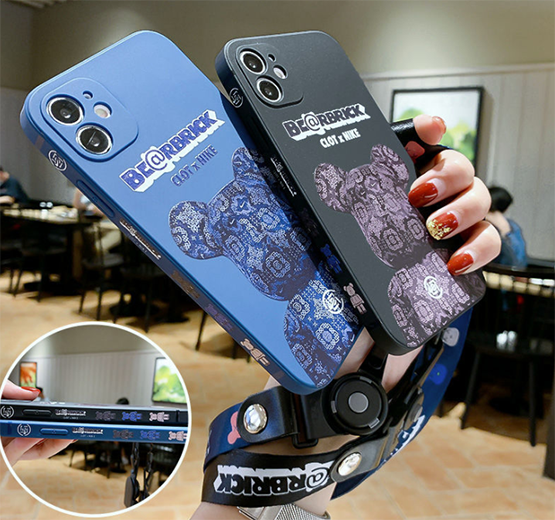 IPHONE 11 12 Pro Max 8 7 plus Case ốp lưng Bearbrick Bear Camera Lanyard Catroon with Strap Cute Housing ốp chống bẩn full viền ốp lưng bảo vệ camera  Casing Cover Ip12 Silicone Full Camera