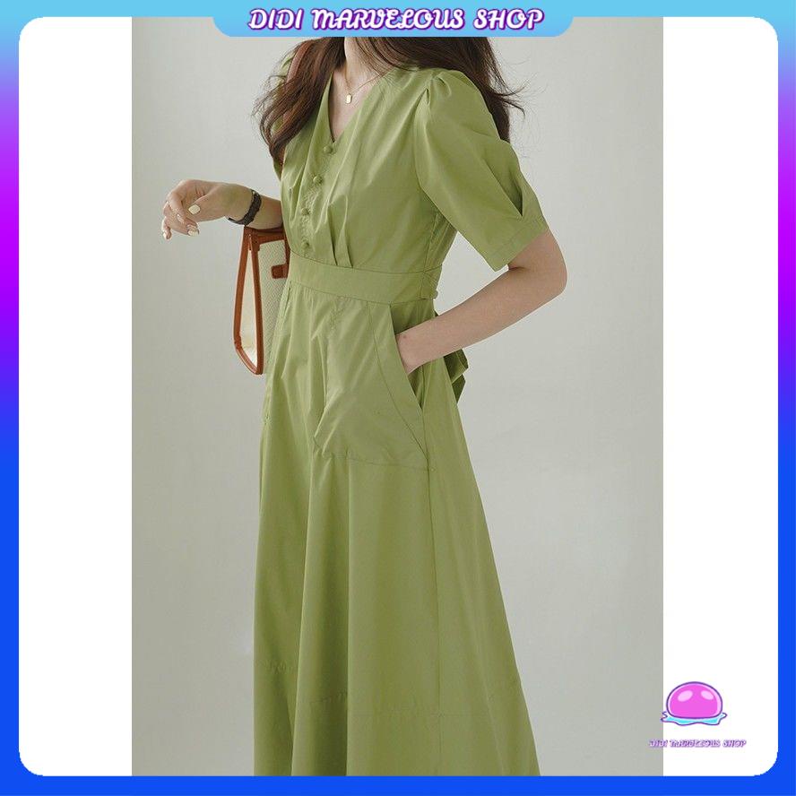 Đầm Tay Ngắn Màu Xanh Lá Phong Cách Cổ Điển Mẫu Mới Thời Trang Xuân Hè