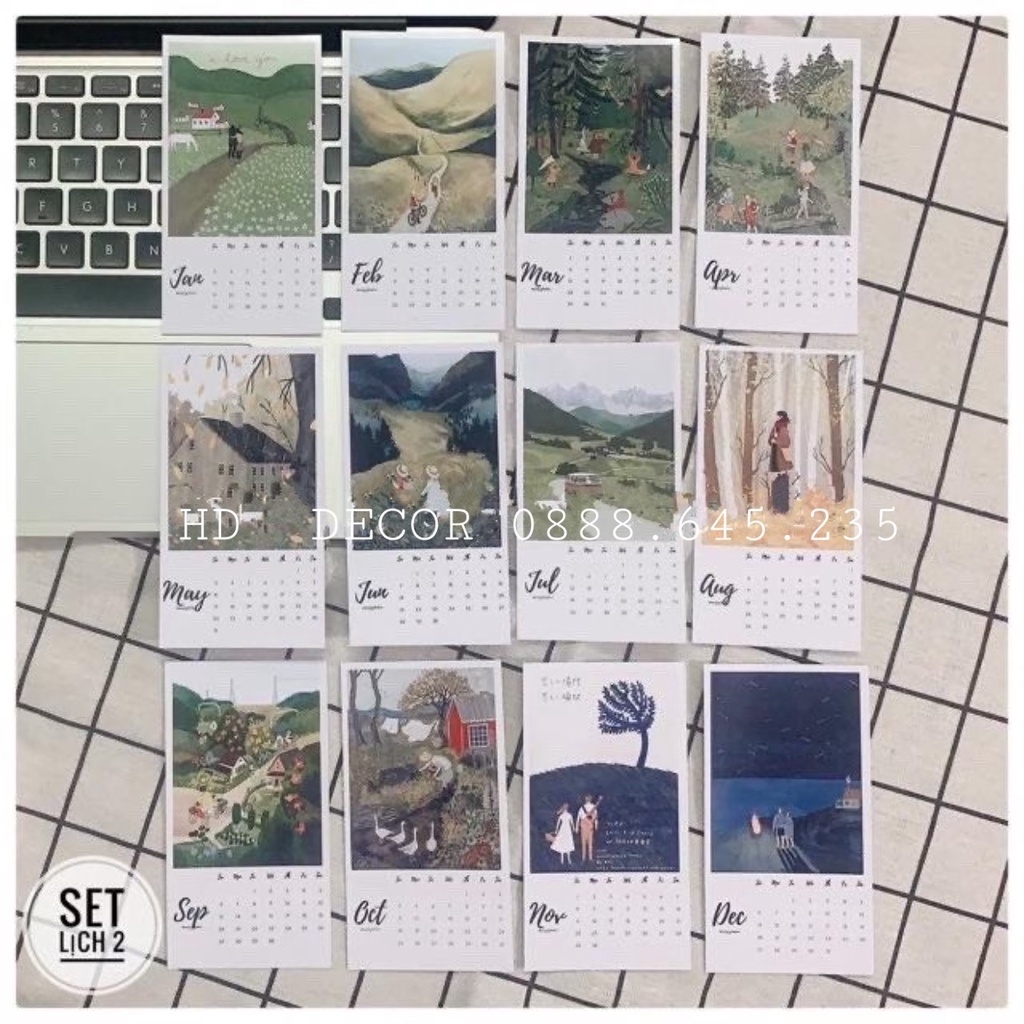 [ FreeShip ] Set 12 tấm lịch dán tường postcard hàng có sẵn trang trí phòng decor góc học tập