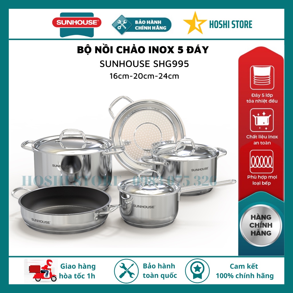 Bộ nồi chảo inox 5 đáy Sunhouse SHG995 cao cấp, dùng cho mọi loại bếp