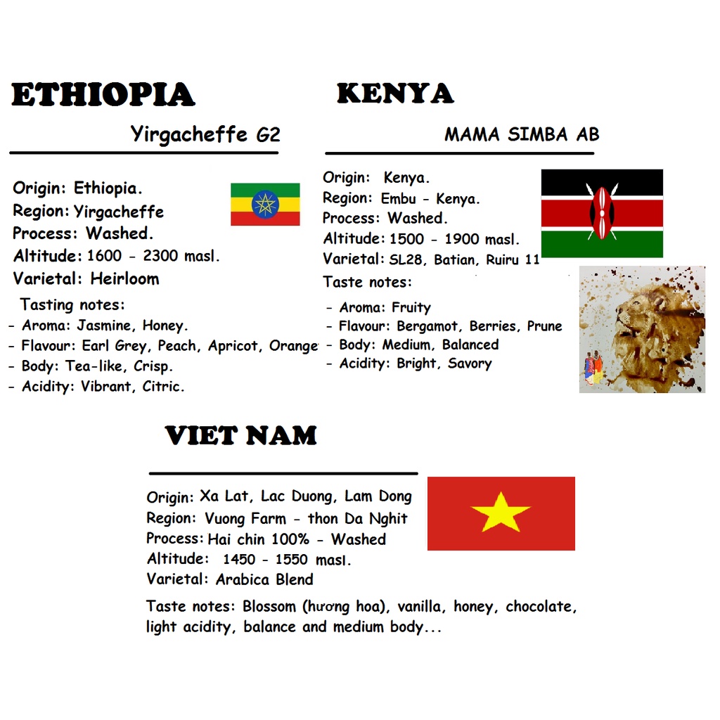 HÀNG ĐẶT TRƯỚC - COMBO 3 TÚI CÀ PHÊ: 250g Ethiopia Yirgacheffe (G2) + 250g Kenya AB + 250g Arabica V