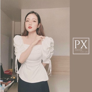 [ẢNH THẬT] Áo Vai Phồng Dây Rút Cổ Vuông Tay Lỡ Xếp Ly Ngực (TRẮNG)