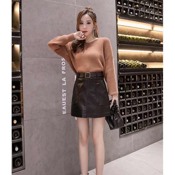 chân váy da chữ a cạp cao 2 túi kèm đai Quảng châu Loại Đẹp