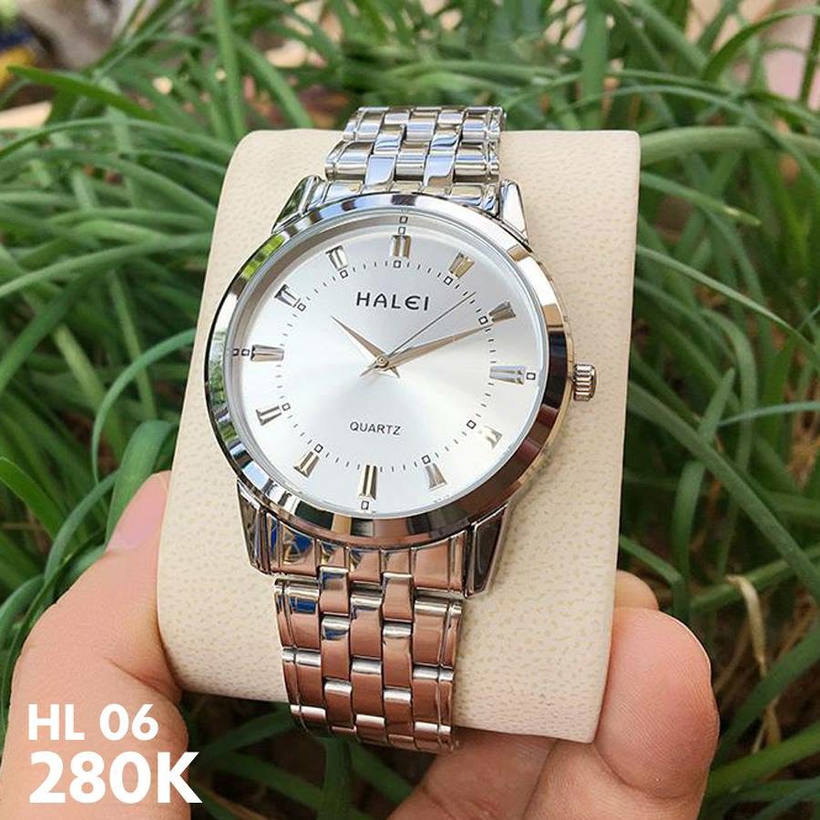 Đồng hồ đôi nam nữ halei dây bạc mặt đen HLB01 chống nước chống xước ,tặng kèm vòng tì hưu