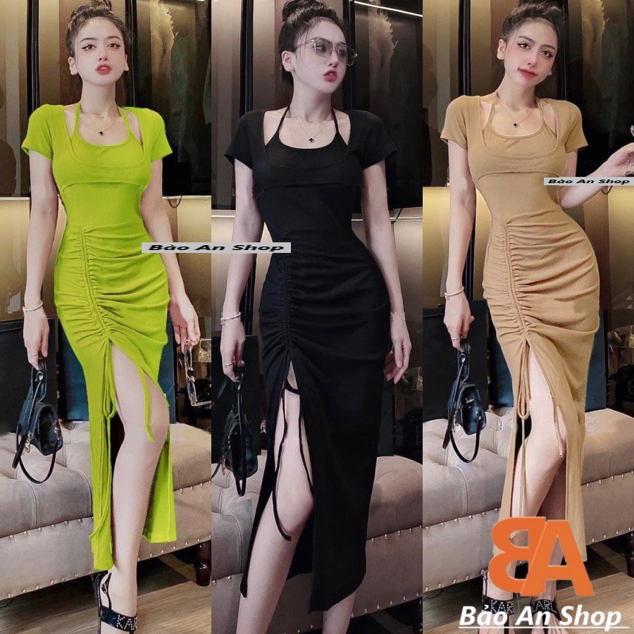 Đầm body nữ chất thun gân tay ngắn phối lót xẻ rút dây đùi